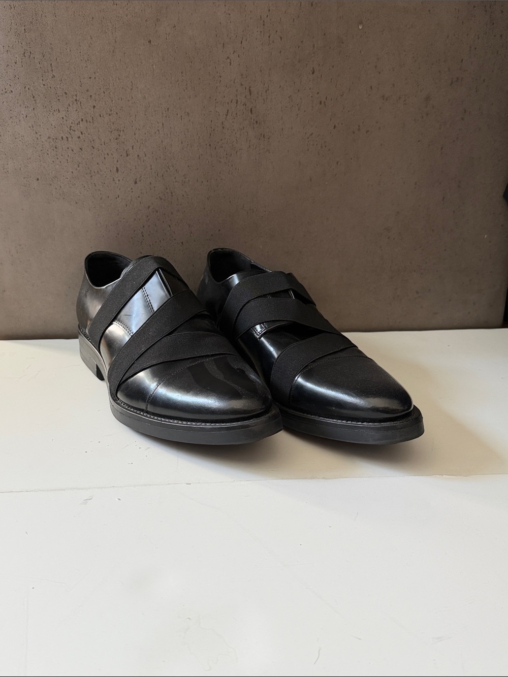 Zara Black Leather Slip-On Loafers with Elastic Cross Straps